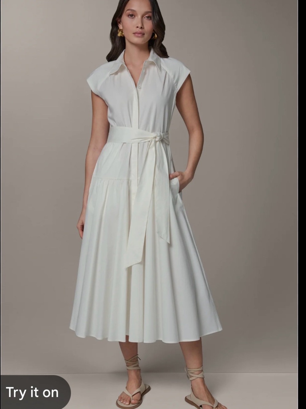 Psophia Sleeveless White Midi Shirt Dress with Waist Tie
